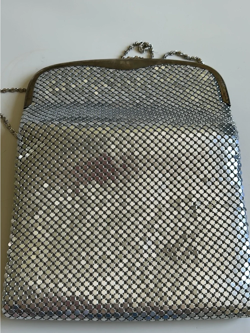 Metallic Silver Mesh Evening Clutch with Chain Strap